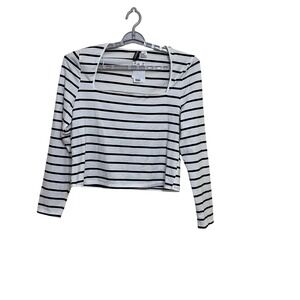 H&M Divided Black White Stripe Square Neck Cropped Long Sleeve Top Women Size XL